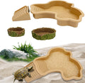 3PCS Tortoise Habitat Accessories, Creature Bathing Pool with Ramp & Basking Area, 2PCS Simulation Tree Stump Feeding Dish for Turtle Gecko Frog Semi-Aquatic Species (Yellow)