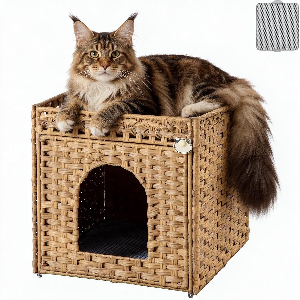 Cat Litter Box Enclosure, Extra Large Hidden PE Rattan Natural,Spacious Double Door PE Rattan Cat Washroom Bench, Side Table Look, Metal Frame