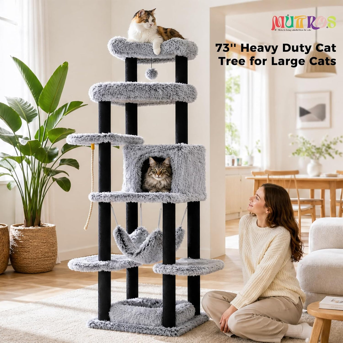 MUTTROS 73in Heavy Duty Cat Tree Tower for Large Cats, Soft Long Plush