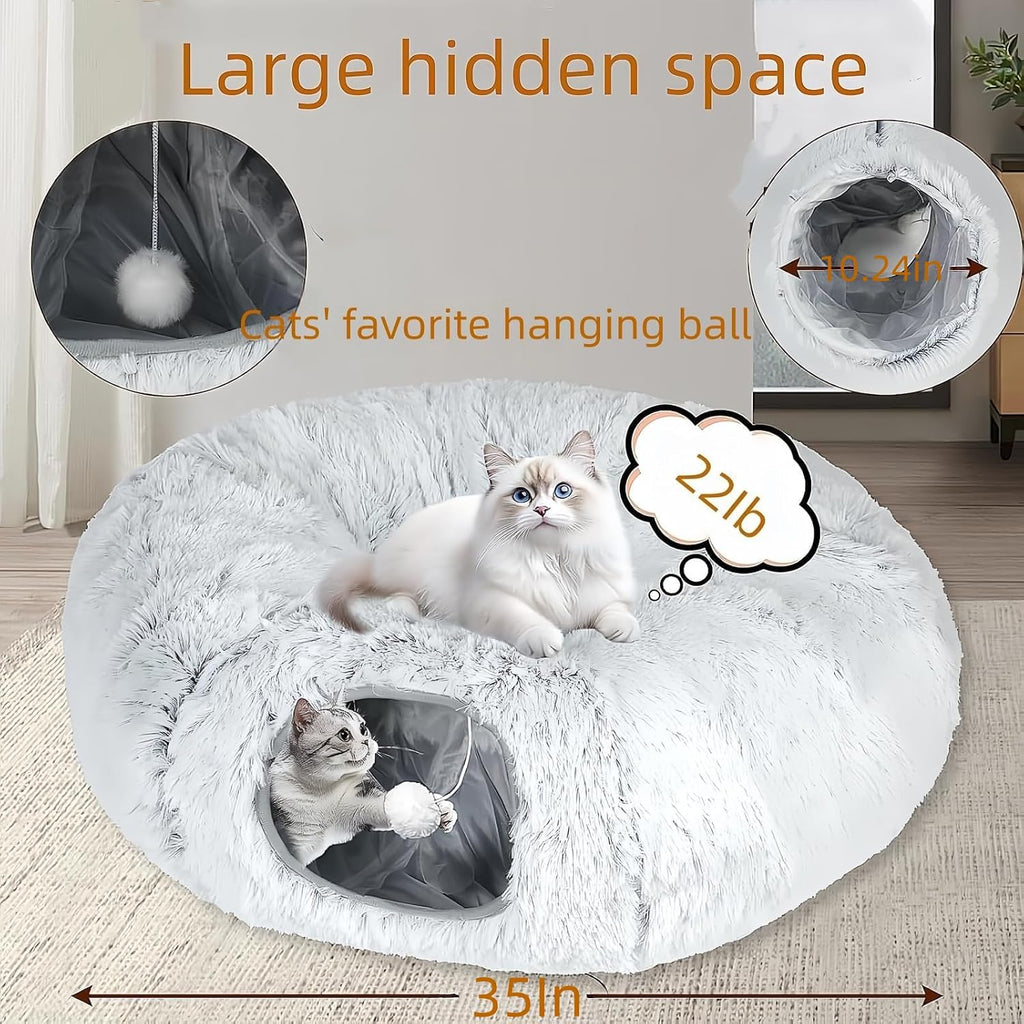 Large Cat Tunnel Bed for Indoor Cats with Hanging Pompom Toys