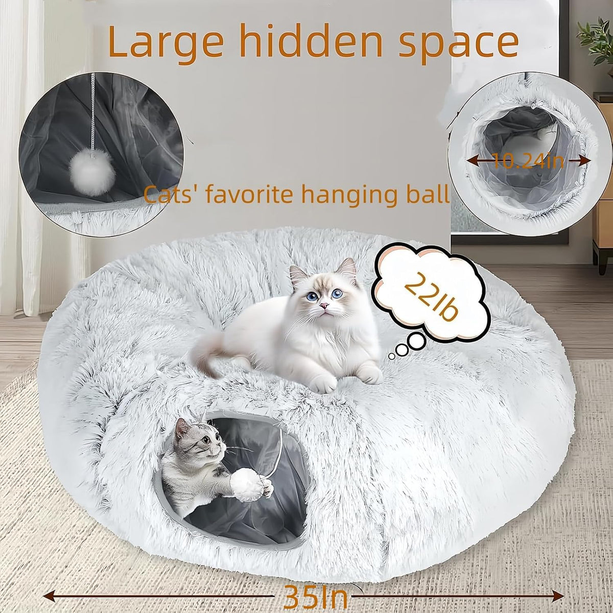Large Cat Tunnel Bed for Indoor Cats with Hanging Pompom Toys