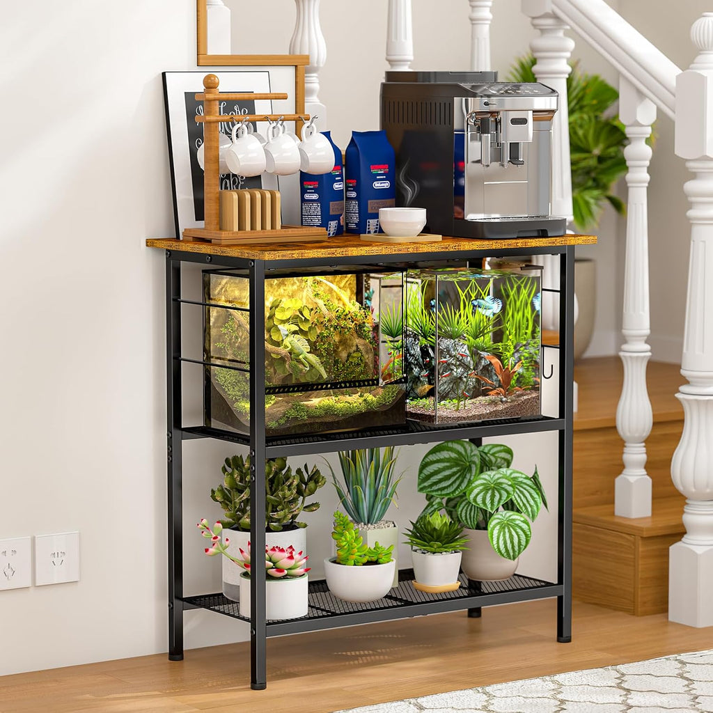 ThreeHio 20 Gallon Fish Tank Stand, 3 Tier Aquarium Stand with Movable Hooks, 28.5" L* 15.74" W Tabletop, Heavy Duty Terrarium Stand with Storage Shelf, Storage Table Shelf Rack Organizer for Kitchen, Living Room, Office, Balcony