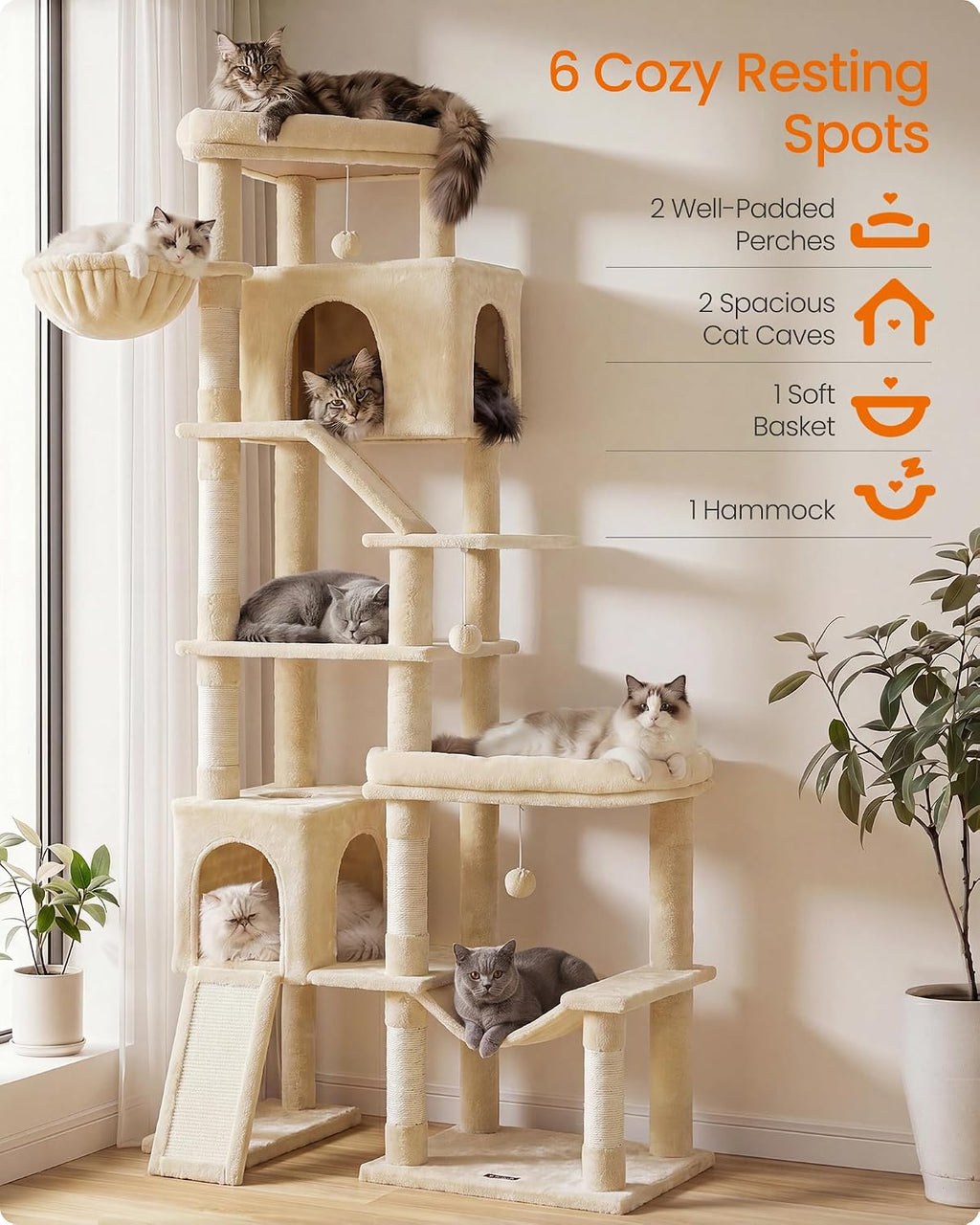 Feandrea Cat Tree, 79.5" Heavy Duty Cat Tower Condo for Indoors, Beige