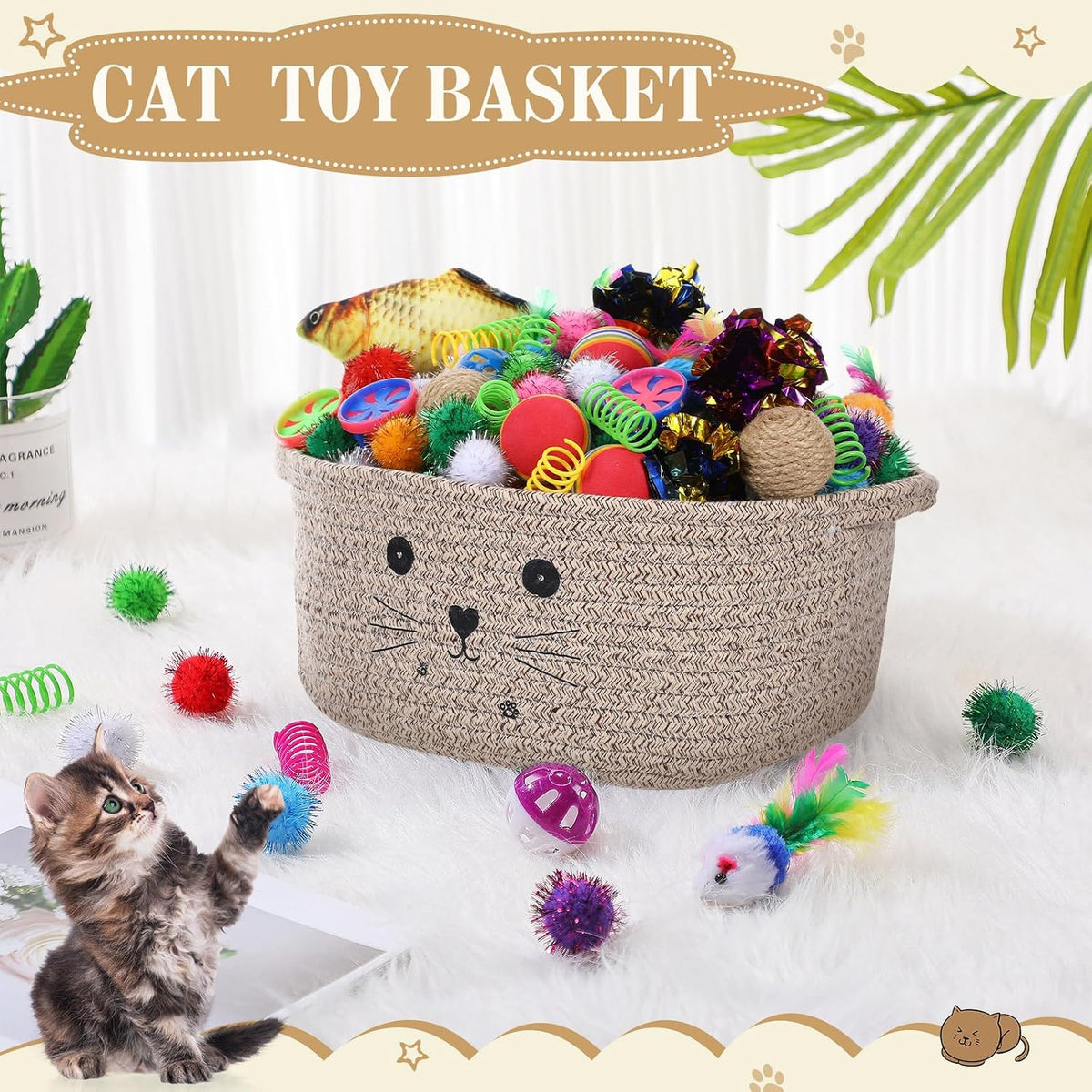Zopeal 58 Pcs Cat Toy Set with Storage Basket Indoor, Dark Brown, 12 Inch