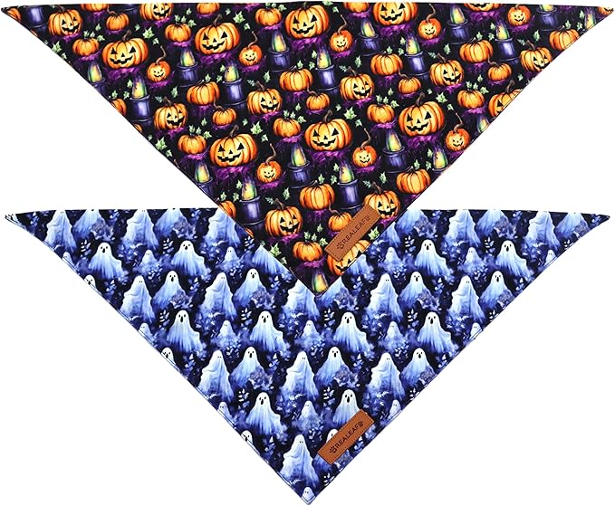 Realeaf Halloween Dog Bandanas 2 Pack, Pumpkins and Ghosts Pet Scarf - Image 3