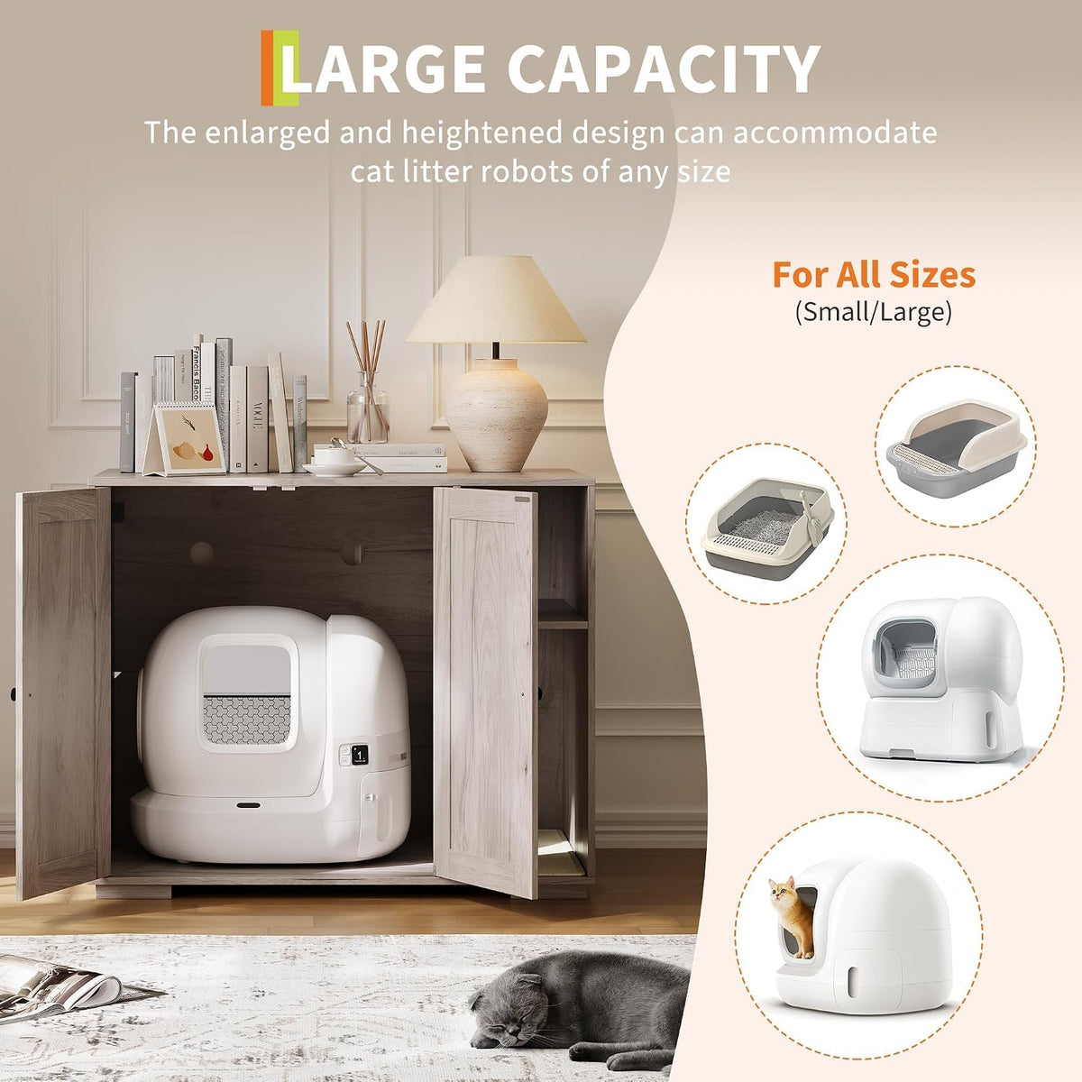 TrailBlaze Dog-Proof Large Cat Litter Box Enclosure with Power Outlet & Mark Pad – Hidden Cabinet for Self-Cleaning or Automatic Litter Boxes – Indoor Cat House Furniture – Gray