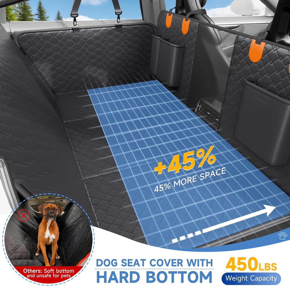 Dog Car Seat Cover Waterproof Vegan Leather, Scratchproof, Hard Bottom Back Seat Extender for Dogs, Non Slip Back Seat Protector with Mesh Window, Easy to Clean Fit Full Size Trucks, Orange