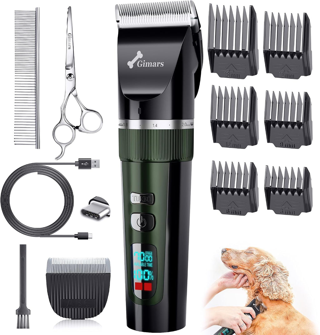 Gimars Cordless 4 Speed 7000rpm Dog Clippers with 6 in 1 4CR Stainless Steel Dog Grooming Scissors Kits, Low Noise 55db Rechargeable Pet Hair Thick Coat Trimmer Cat Shaver Clippers Kit for Cat Pet