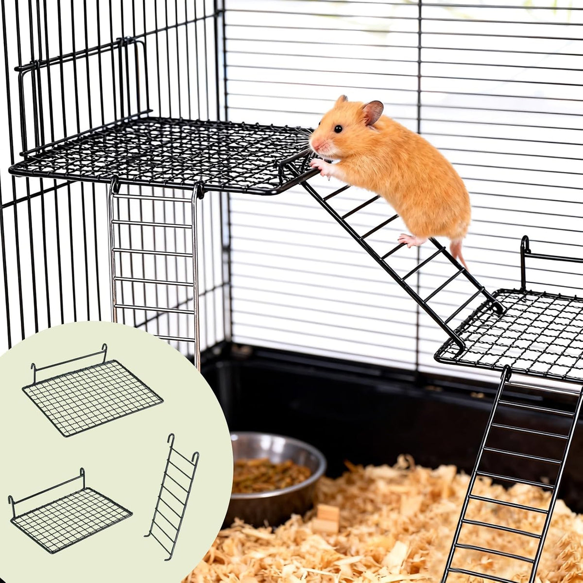 4 Pcs Sugar Glider Supplies Cage Accessories, Hamster Stainless Steel Platform with Climbing Ladder, Rat Climbing Toys for Cage for Squirrel Hamsters Guinea Pig Small Animal