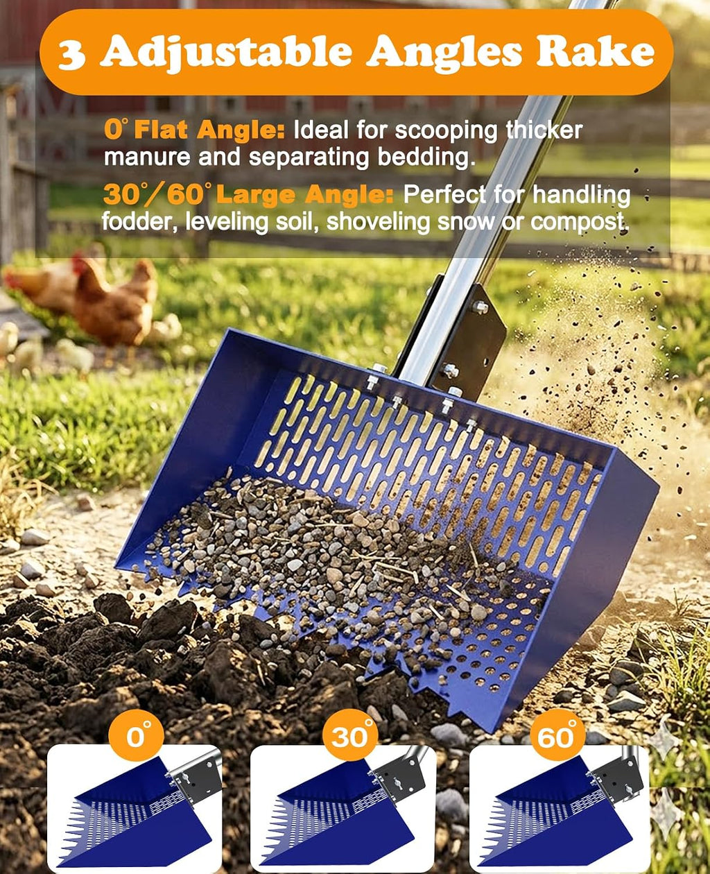 INNOLAND Chicken Poop Scooper & Rake with 3-Angle Adjustable Sifting Shovel