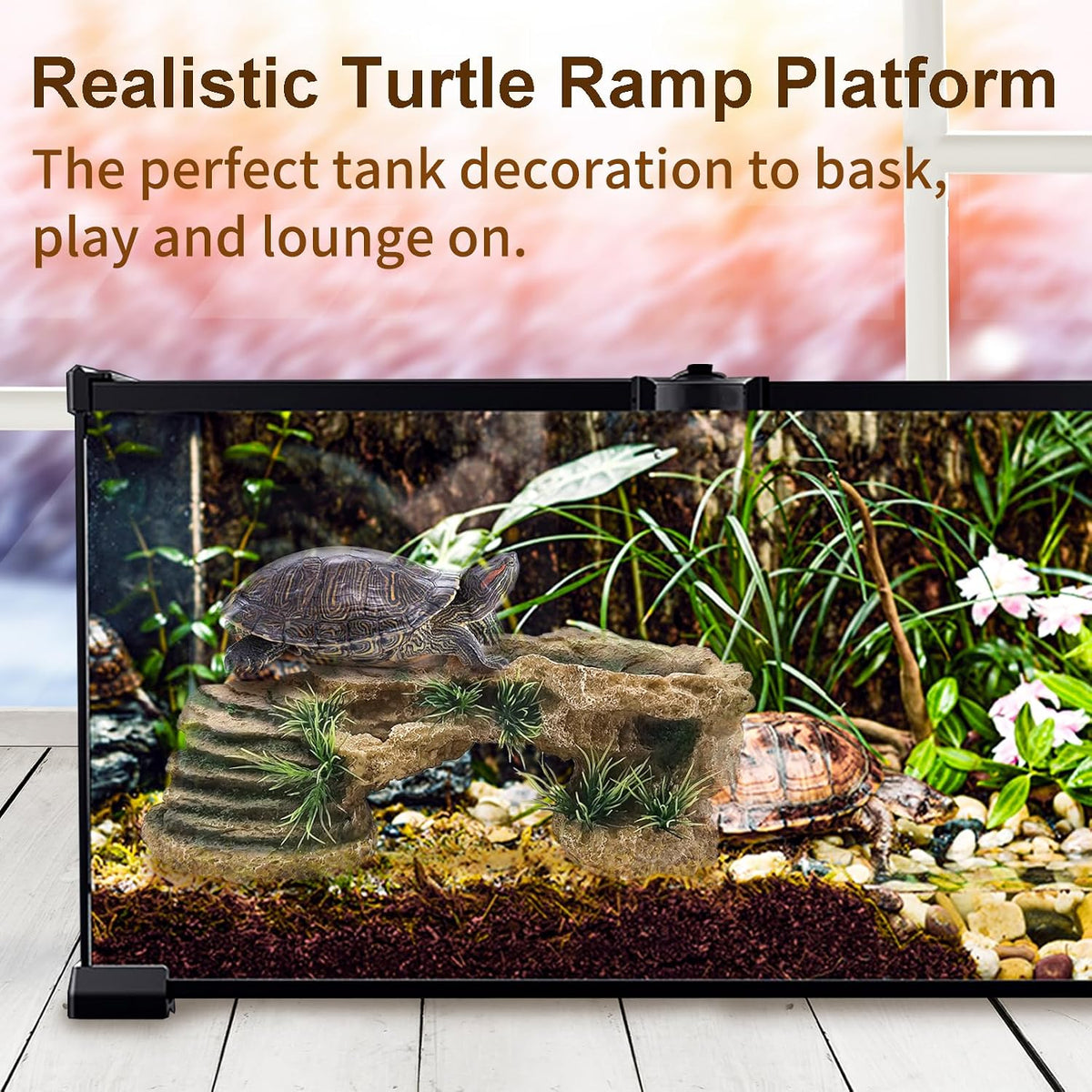 Hamiledyi Large Turtles Basking Platform 3Pcs Resin Bearded Dragons Climbing Step Ramp Tortoise Resting Dock Rock Hideout with Feeder Bowls for Reptile Lizards Chameleons Geckos Frogs Newts Snakes