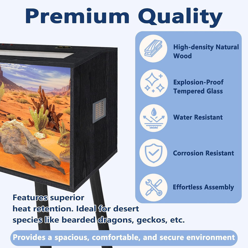 Prolee 63 Gallon Reptile Tank, Tempered Glass Bearded Dragon Tank with Wooden Roof and Lockable Doors, Large Lizard Habitat with Built-in Lamp Fixture for Snakes, Iguanas, Chameleons (Black)