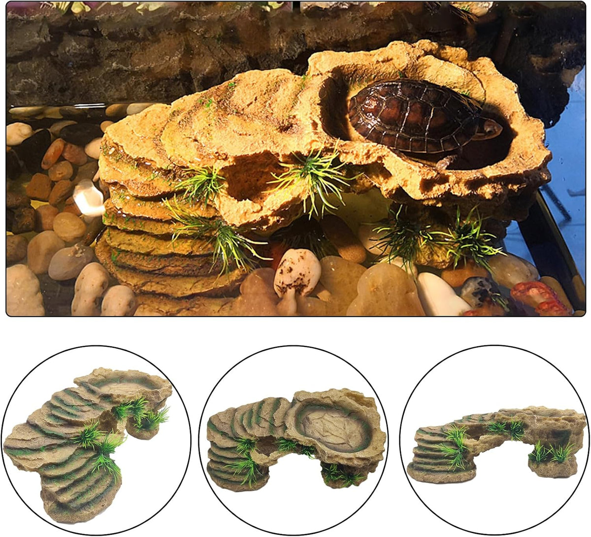 Hamiledyi Large Turtles Basking Platform 3Pcs Resin Bearded Dragons Climbing Step Ramp Tortoise Resting Dock Rock Hideout with Feeder Bowls for Reptile Lizards Chameleons Geckos Frogs Newts Snakes