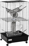 PawHut 42" Ferret Cage, Small Animal Habitat Metal Pet Cage with Wheels Brakes, Hammocks, Hanging Tunnels, and 3 Doors, Black