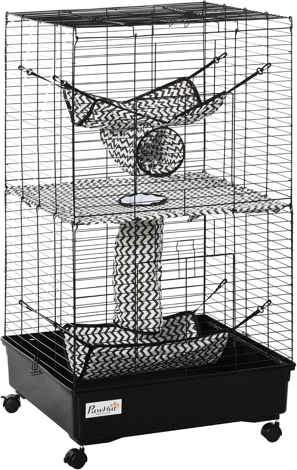 PawHut 42" Ferret Cage, Small Animal Habitat Metal Pet Cage with Wheels Brakes, Hammocks, Hanging Tunnels, and 3 Doors, Black