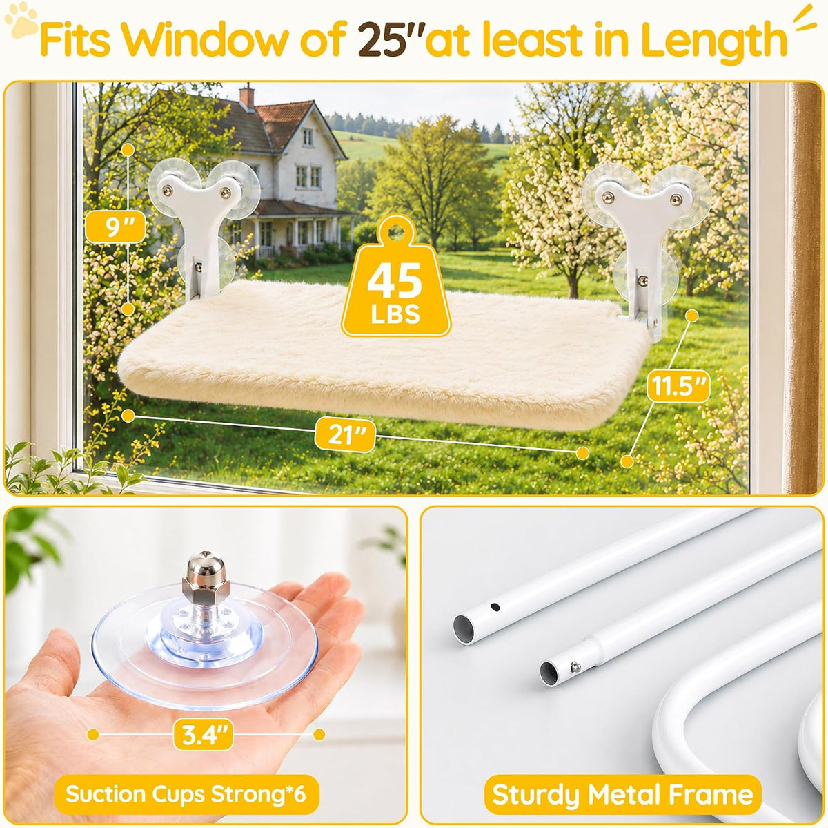 Aysoner Suction Cat Window Perch: 6 Suction Cups Sturdy Hold Up to 45lbs