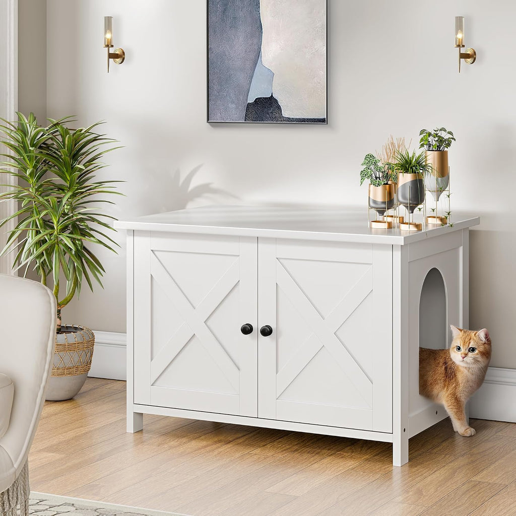 Shintenchi 31.5 inch Cat Litter Box Enclosure, Litter Box Furniture Cabinet Hidden with Removable Divider, Wooden Cat House with End Table, White