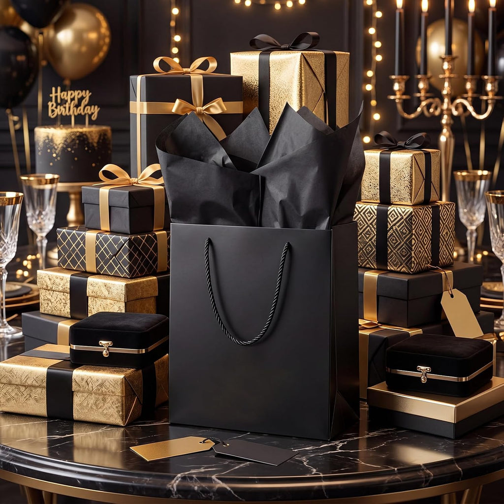 12 Pack Black Gift Bags with Tissue Paper, Metallic Finish, Rope Handles