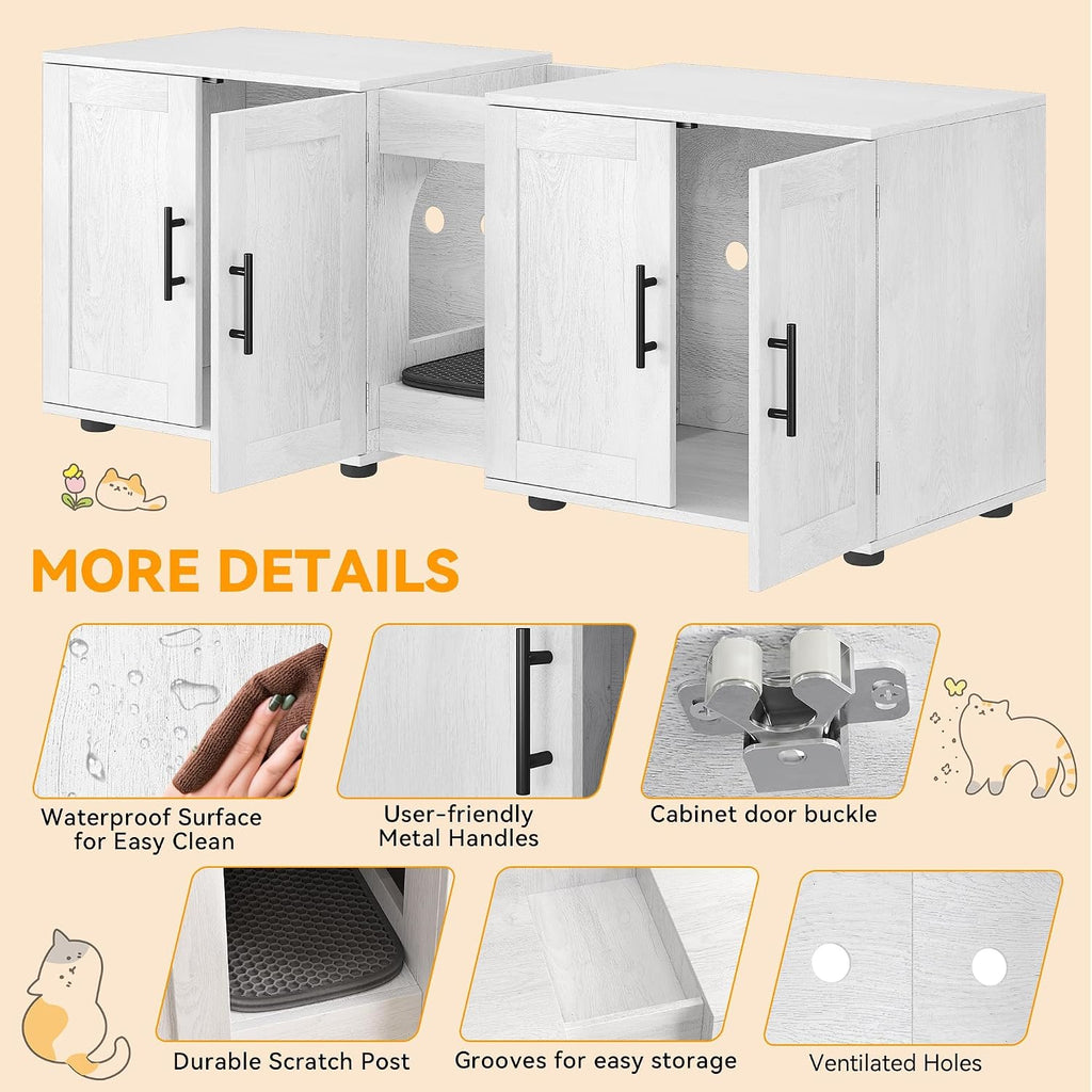 Cat Litter Box Enclosure, 55“ Large Hidden Litter Box Furniture with Double RoomsFarmhouse Wooden Cat Washroom for Bedroom Living Room, White