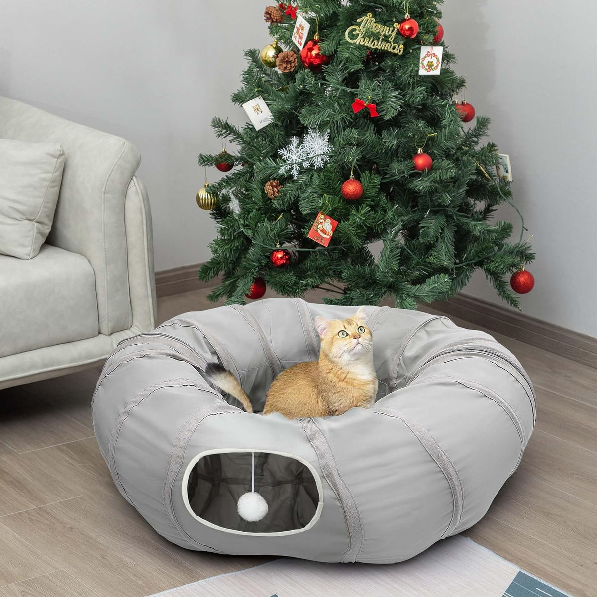AUOON Cat Tunnel with Bed for Kitten Puppy Rabbit Ferret, Light Grey