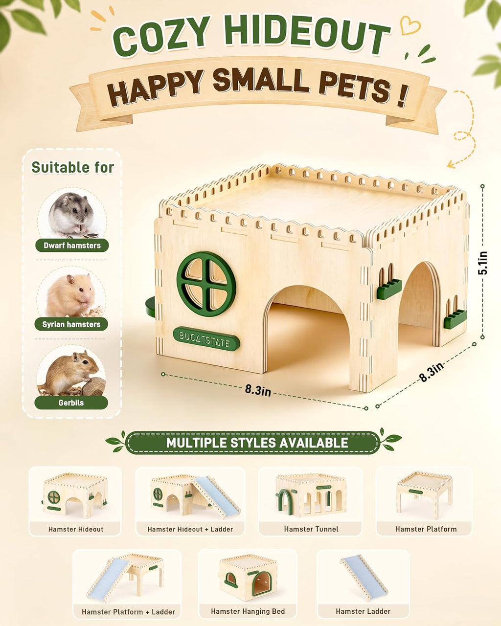 BUCATSTATE Natural Wood Hamster Hideout Castle, Easy-Assemble & Breathable