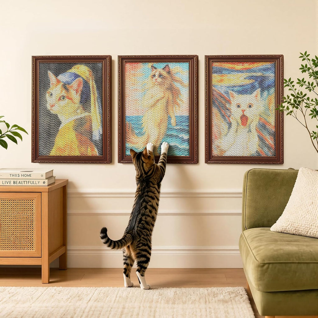 PEQULTI Cardboard Cat Scratcher, Wall Mounted Art Cat Scratch Pad, 3 Pack