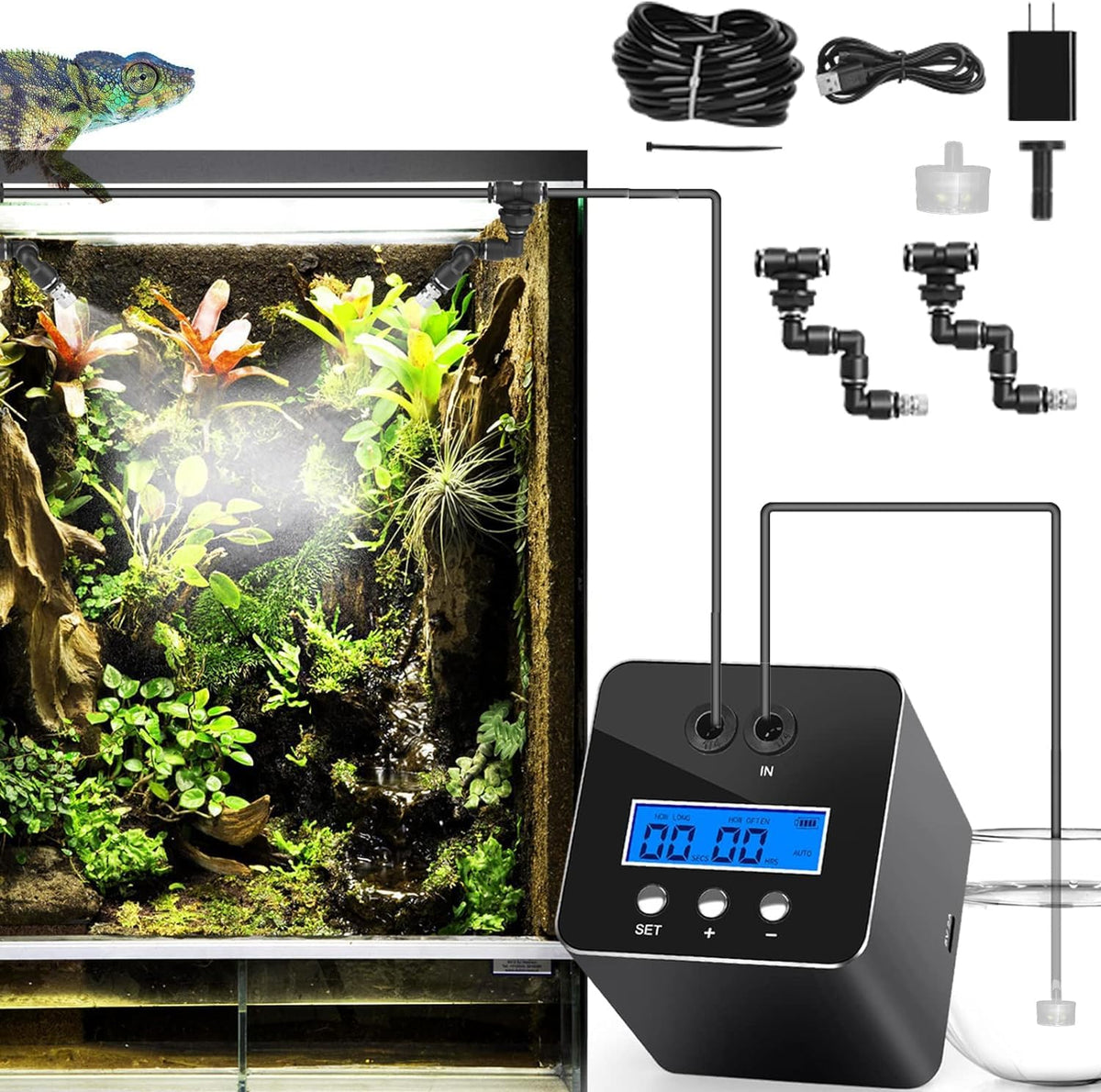 Reptile Humidifier & Mister for Tanks | 360° Adjustable Nozzles, Auto Timer, Leak-Proof Fogger for Terrariums, Amphibians & Rainforest Plants