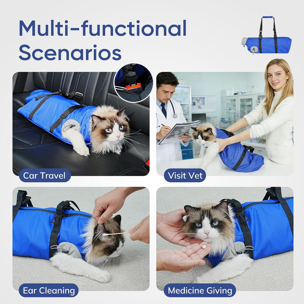 Cat Carrier Pouch, Soft Cat Grooming Restraint Bag for Vet Visits, Nail Trimming,Dental Care & Medication, Comfortable Cats Carry Bag with Bottom Support for Car Travel,Blue S(4-10lbs)