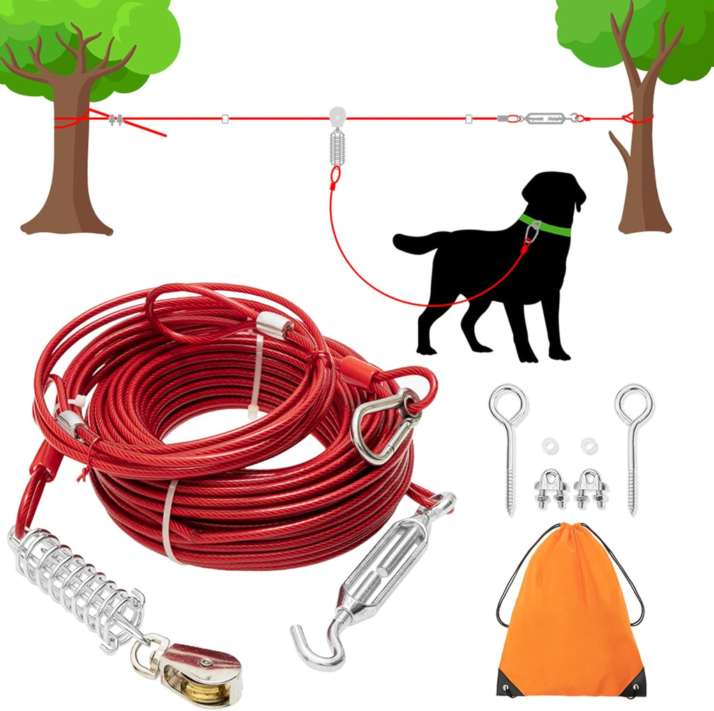 100ft Dog Runner Cable & 10ft Chew Proof Lead with Buffer for Yard