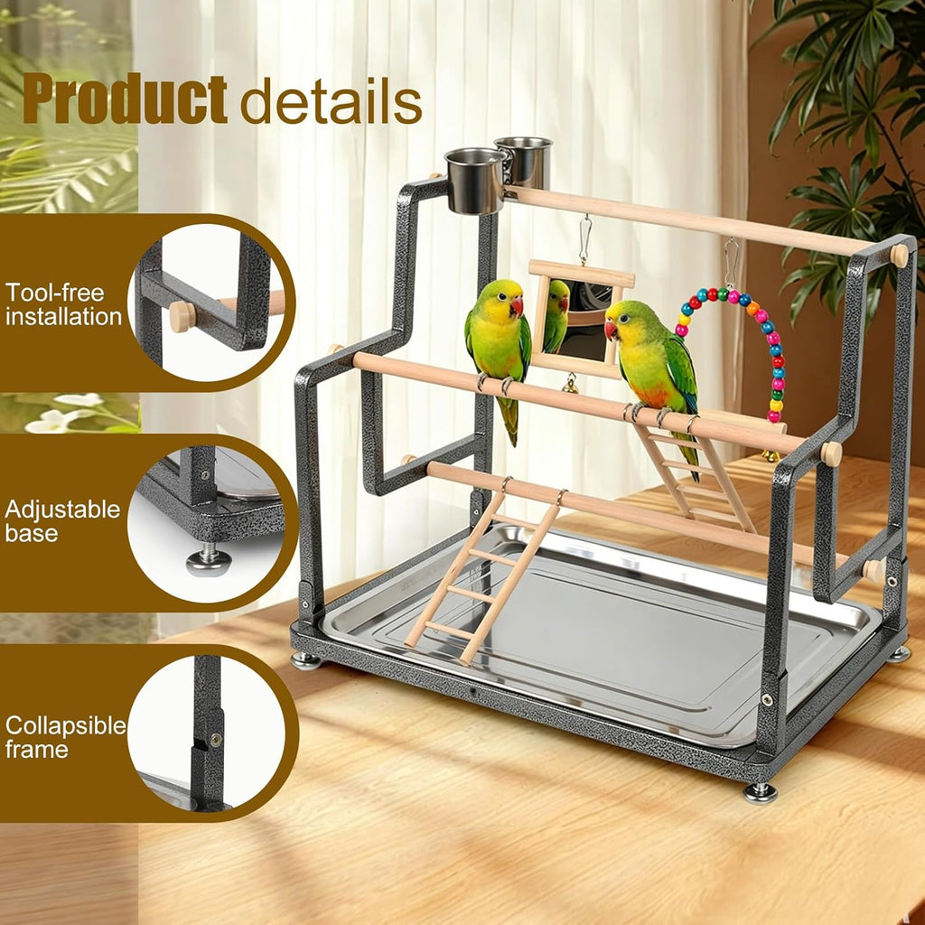 Bird Playground for Indoor Use, Table Collapsible Bird Playstand for Top of Cage, Mirrow Swing Cups 2 Ladders for Small to Medium Size of Cockatiel Parakeet Conure (Wood Ladder)