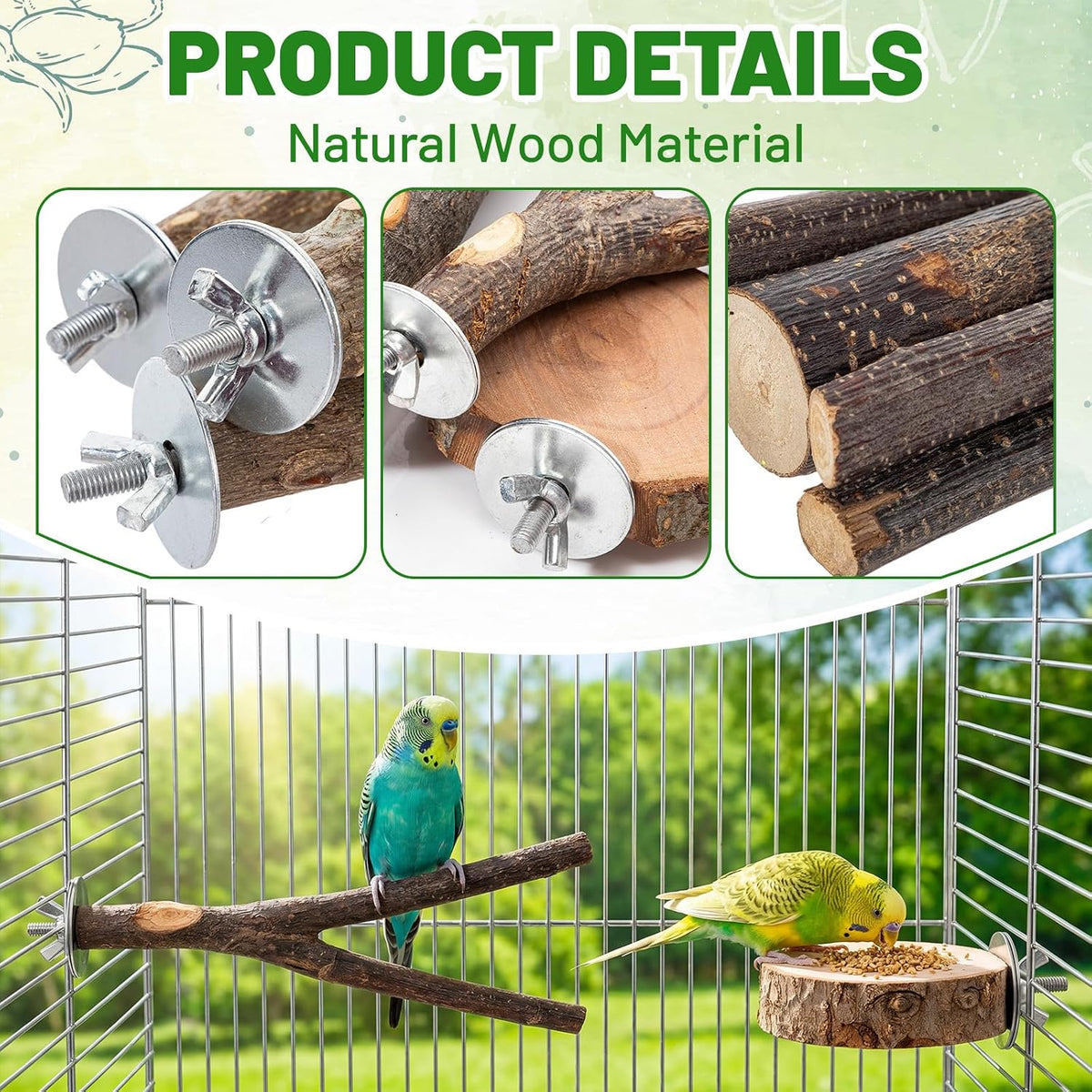 Novabright 6 Pack Natural Wood Bird for Cage Perches Wooden Parrot Stand with Fork Toys Hanging Multi Branch Platform Hanging Grapevine Parrot Perch for Parakeets Budgies Pet Bird Accessories