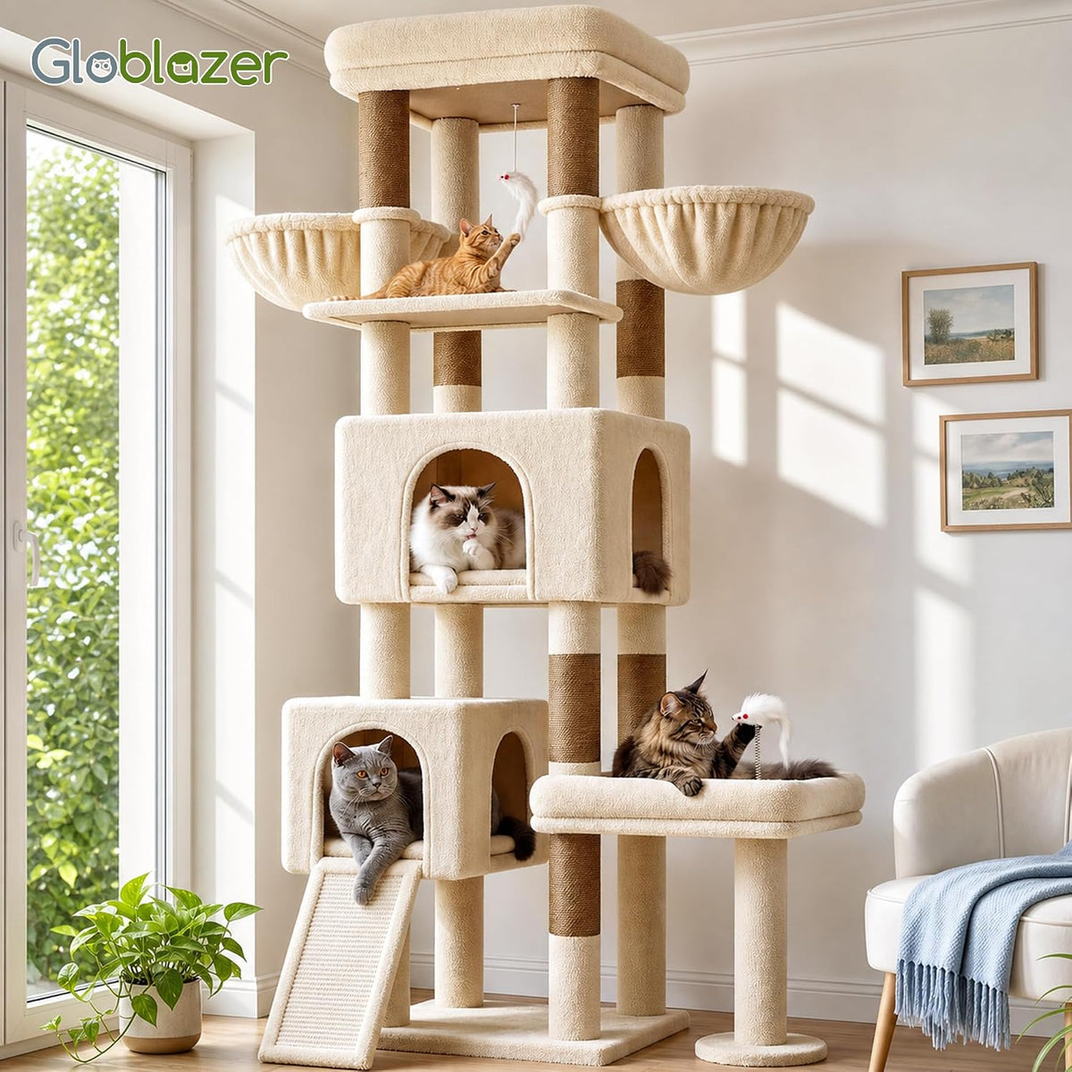 Globlazer Heavy Duty Cat Tower for Indoor Cats 20lb, 73in, S73B, Beige