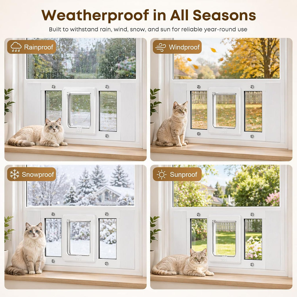 Cat Door for Window, Adjustable 31"-36", 4 Locking Modes + Extra Security Lock for Outside Safety, Window Pet Door with Magnetic Self-Closing, No-Drill Installation, Weatherproof Aluminum Frame Insert