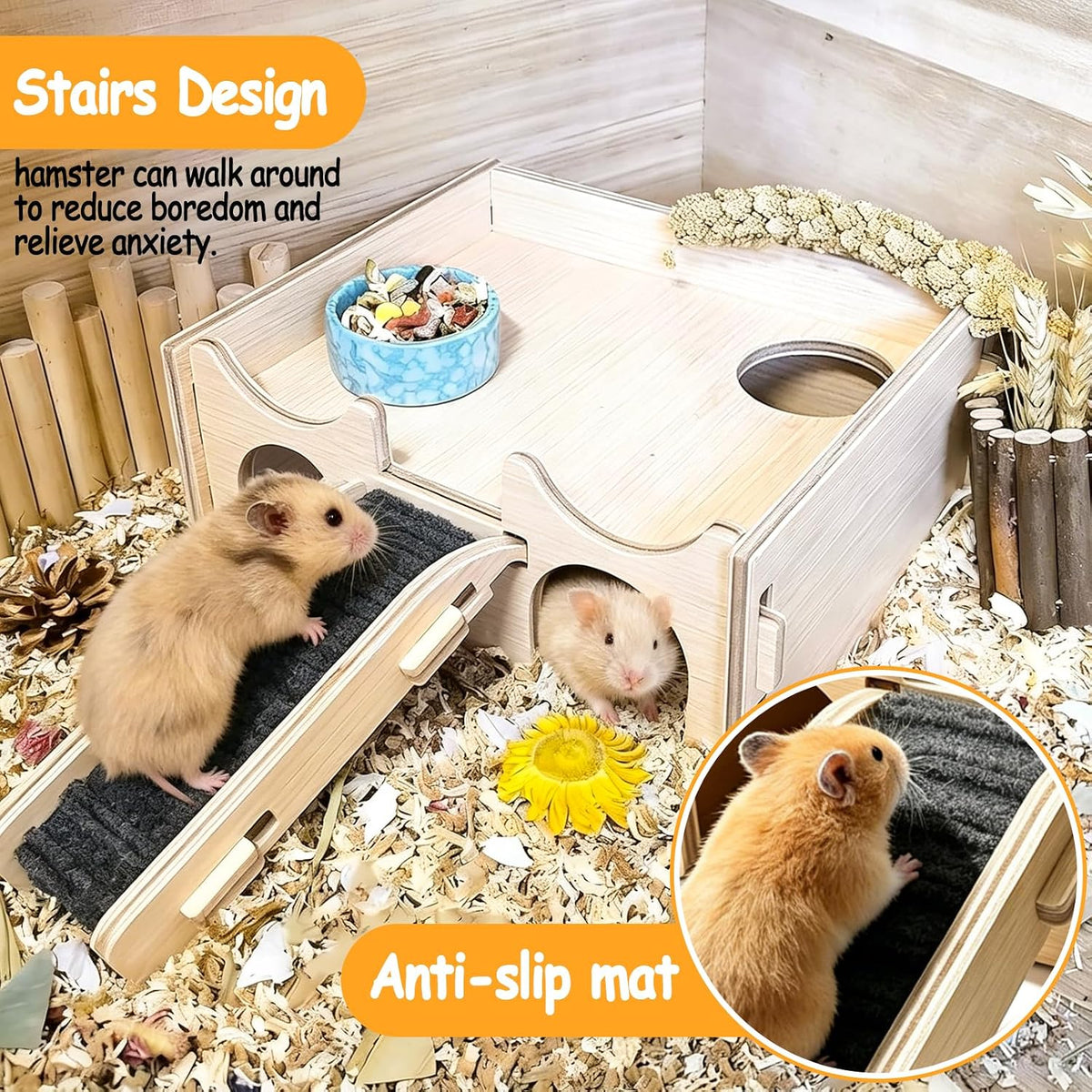 Wooden Hamster Hideout,Multi-Chamber Hide House with Bowl & Tent
