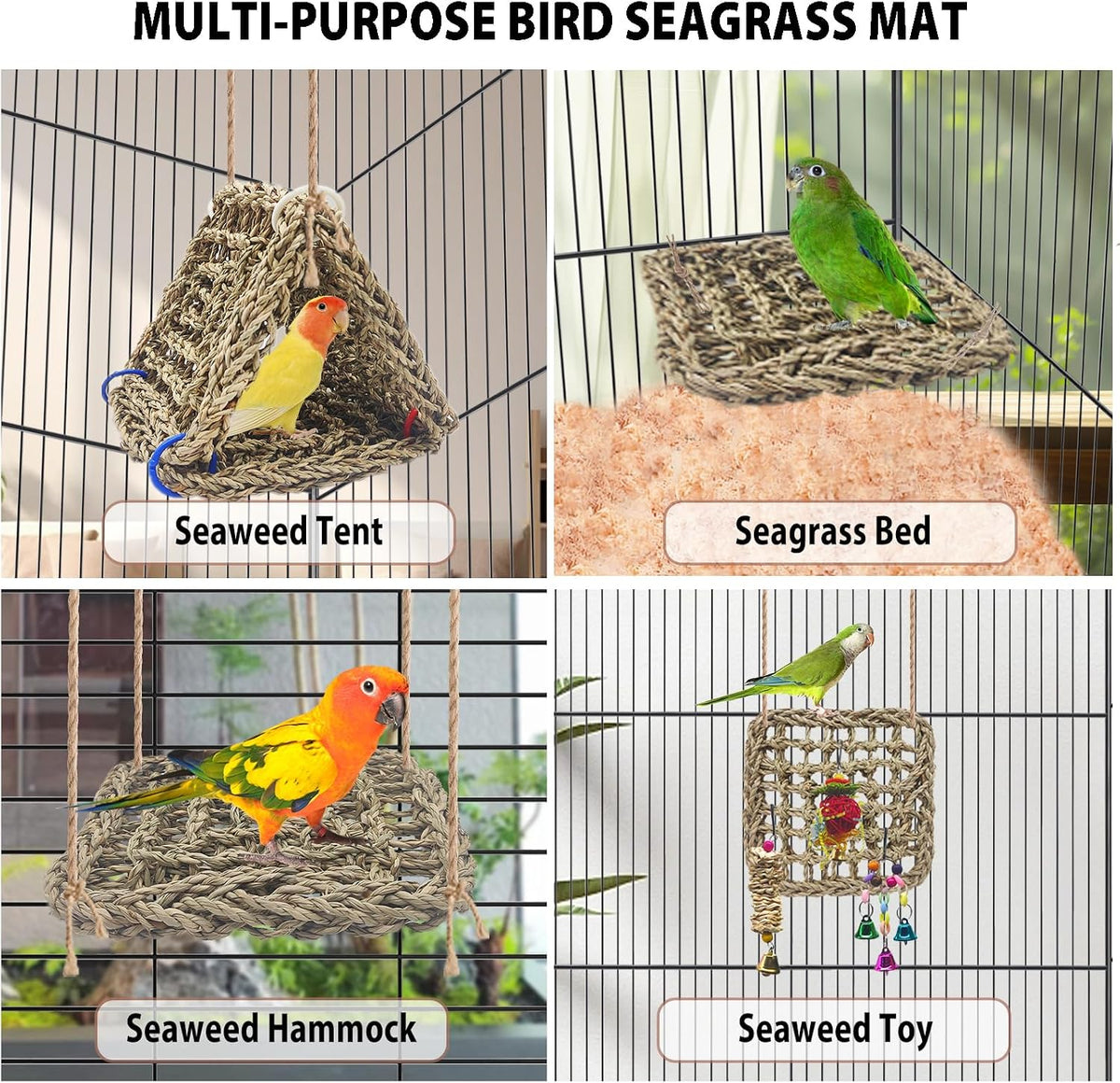 3 PCS Parrot Seagrass Mat,7.1Inch Bird Swing Hammock Woven Climbing Net