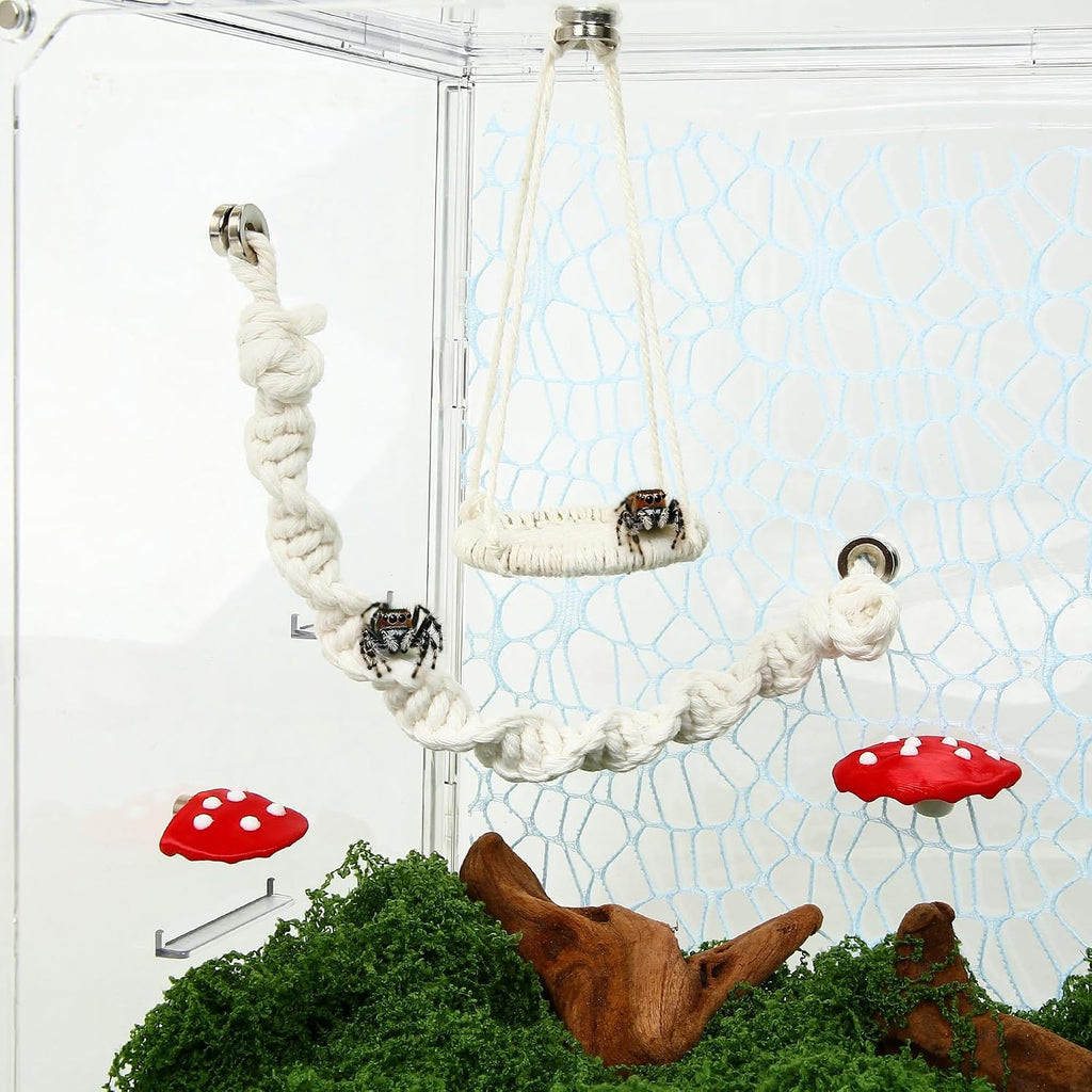 Jumping Spider Accessories, 3 Pcs Jumping Spider Natural Cotton Rope Bridge, Swing & Climbing Net Handmade Magnetic Mounting, for Medium and Small Jumping Spider Terrarium Enclosures