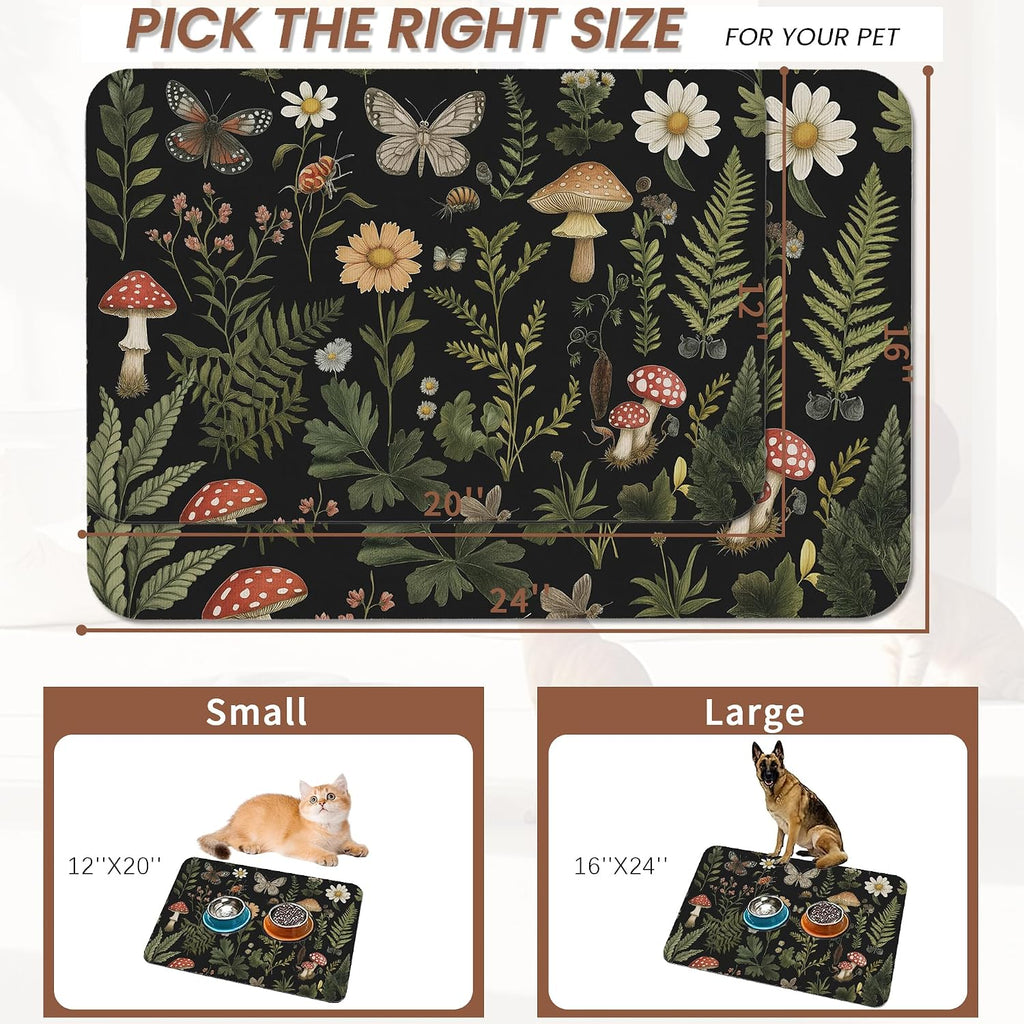 Red Mushroom Pet Feeding Mat,Fern Herb Butterfly Absorbent Quick-Dry Cat Dog Food and Water Bowl Mats,Non-Slip Rubber Backing Mat,Cat Dog Accessories Supplies 16"x24"