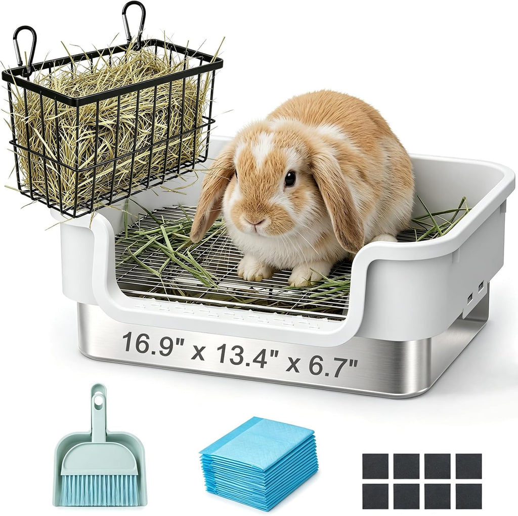Stainless Steel Sifting Litter Box for Rabbit, Bunny, 16.9×13.4x6.7 inch