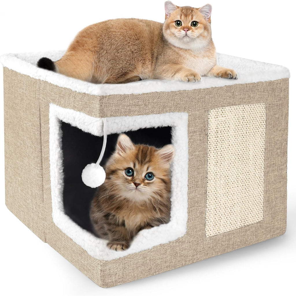 Loyareal Cat Houses for Indoor Cats - Large Cat Bed Cave with Scratch Pad and Fluffy Ball, Foldable Cat Condo Hideaway with Reversible Cushion for Multi Small Pet, Dark Grey