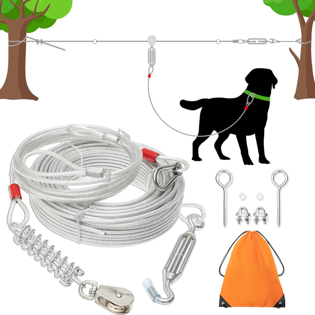 100ft Dog Runner Cable & 10ft Chew Proof Lead with Buffer for Yard