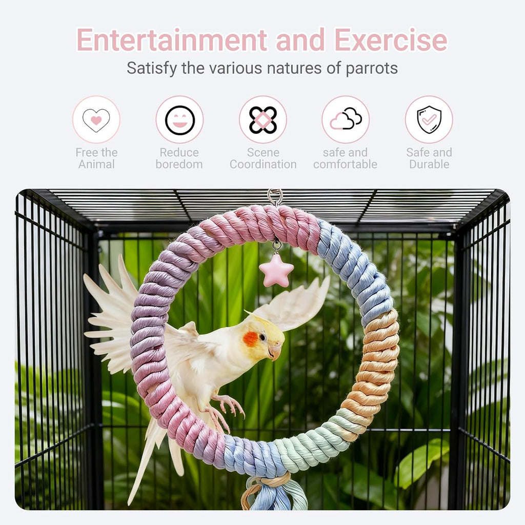 Bird Swing,Gradient Colorful Cotton Rope Bird Swing Cage Hanging Toys,Bird Cage Climbing Rope Toys Accessories,for Cockatiel Conure Cockatoo Parakeet Cage Hanging Decor(Round,Diameter:7.9")