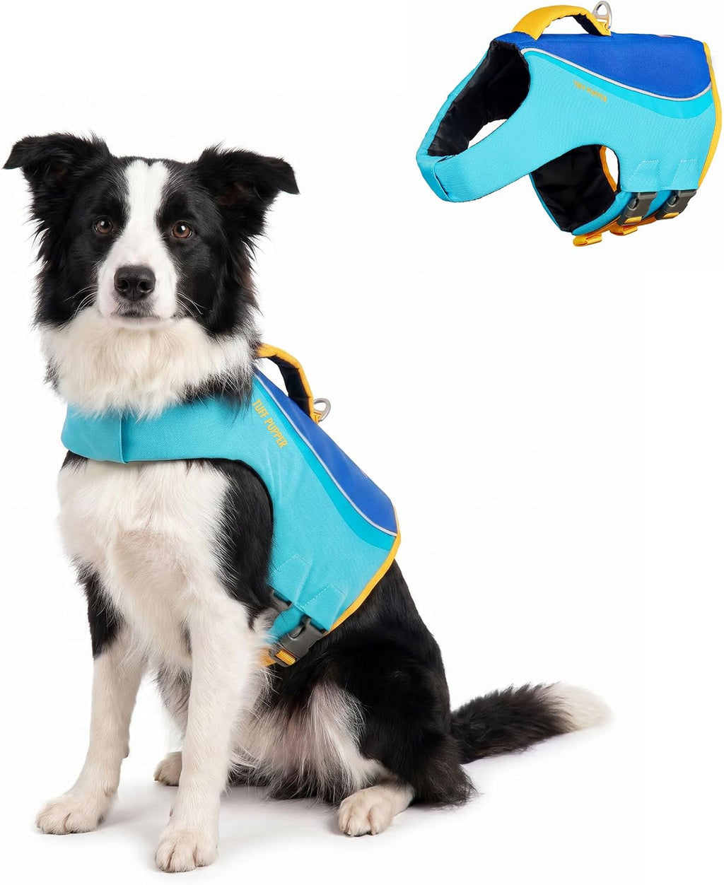 Tuff Pupper Dog Life Jacket | High Buoyancy Dog Swim Vest with Rescue Handle | Adjustable Secure Fit | Reflective Safety Trim | Pet Flotation Jacket for Swimming Boating Kayaking (Blue/Yellow, XXS)