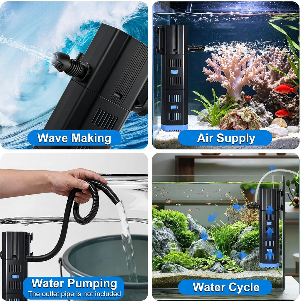 Aquarium Filter 264GPH for 20-75 Gallon Fish Turtle Tank 5in1 Submersible Internal Pumps & Filters Biochemical Sponge Filtration Powerful Keep Freshwater Saltwater Crystal Clear Small