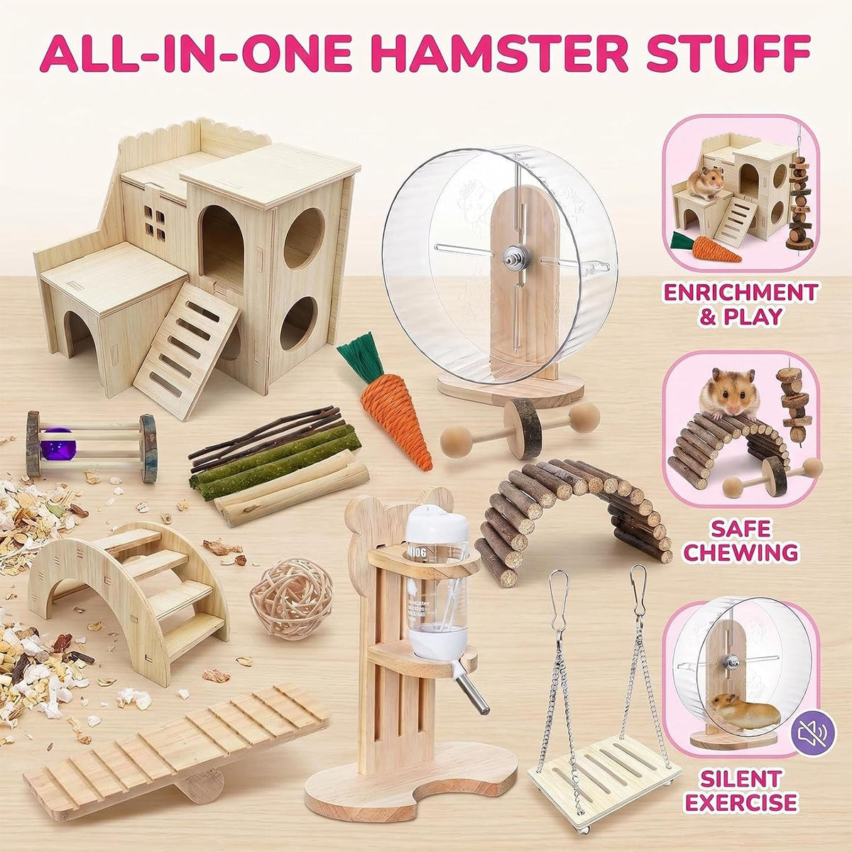 26 Pcs Hamster Cage Accessories, Silent Wheel & Wood House Set