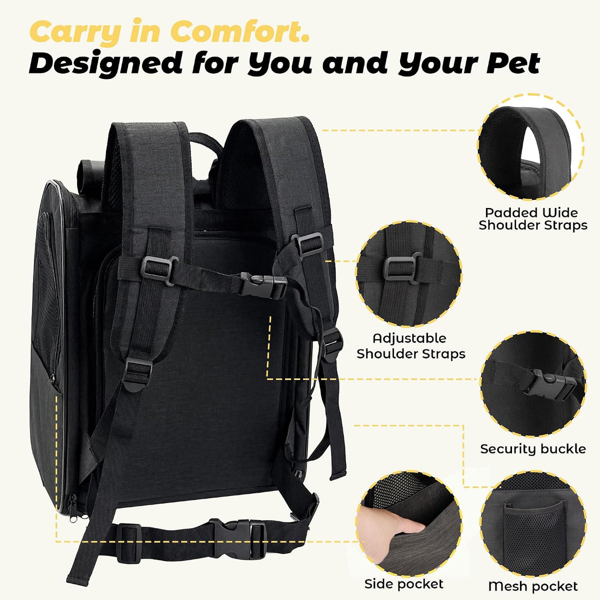 Cat Backpack Carrier – Expandable Airline Approved Pet Travel Bag for Cats & Small Dogs, Breathable Mesh Pet Carrier Backpack with Padded Base (Black)