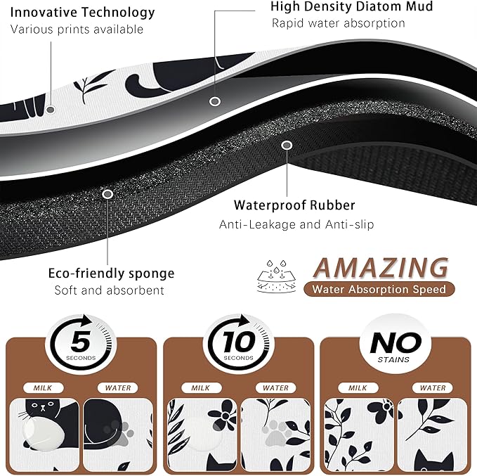 Cute Black Flower Dog Cat Food Mat, Absorbent Pet Feeding Mat - Image 3