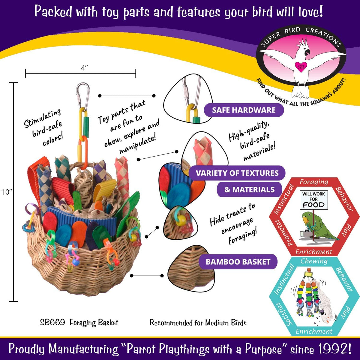 Super Bird Creations SB669 Wicker Foraging Basket Bird Toy for Parrots Cockatiels Ringnecks Medium Conures Quakers,Caiques Pionus - Crunchy Multi-Colored Textures - Medium Bird Size, 10” x 4” x 5”