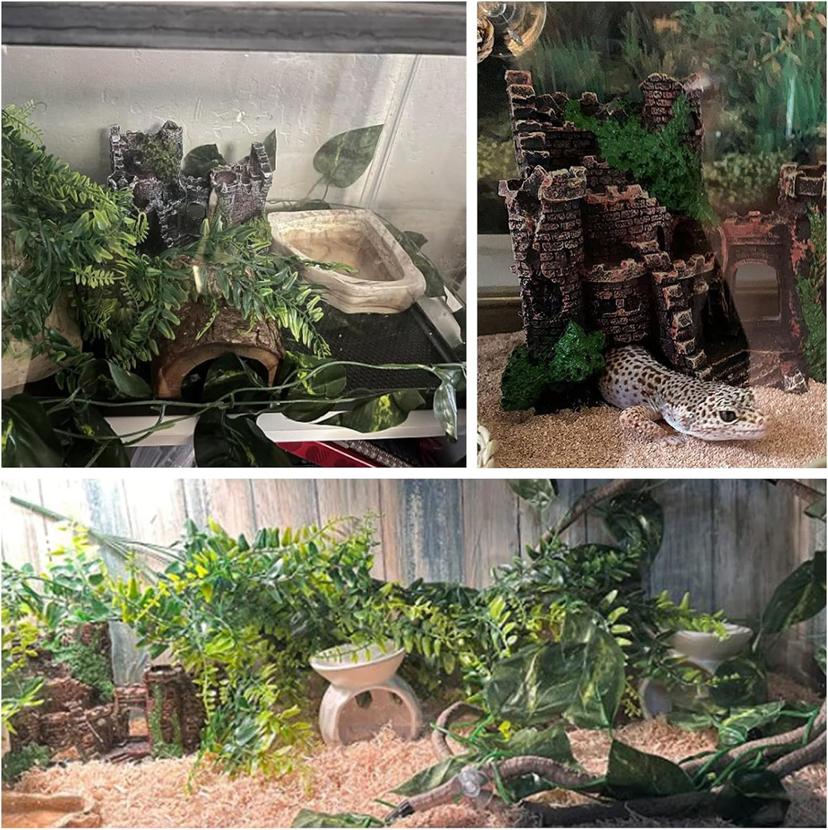 Tank Accessories for Bearded Dragon Include Resin Classical Castle Reptile Hammocks Climb Habitat Hanging Jungle Vines Flexible Leaves Climbing Decor for Chameleon Lizard Gecko Spider(6 PCS)