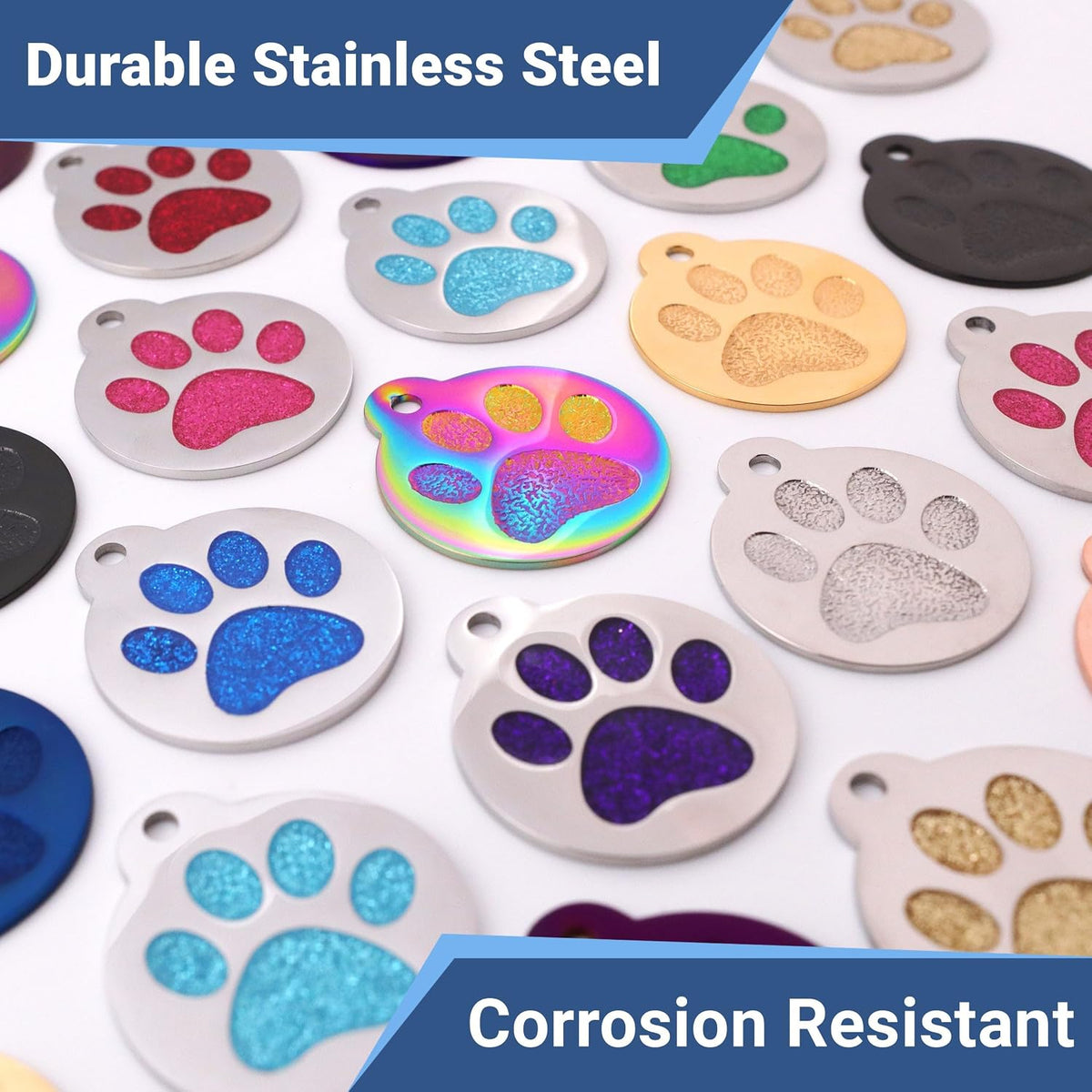 GoTags Personalized Paw Print Pet Tag Stainless Steel for Dogs and Cats, 4 Lines of Custom Engraved ID Name and Number, in Stainless Steel and 15 Colors Glitter (Large Pack of 1)