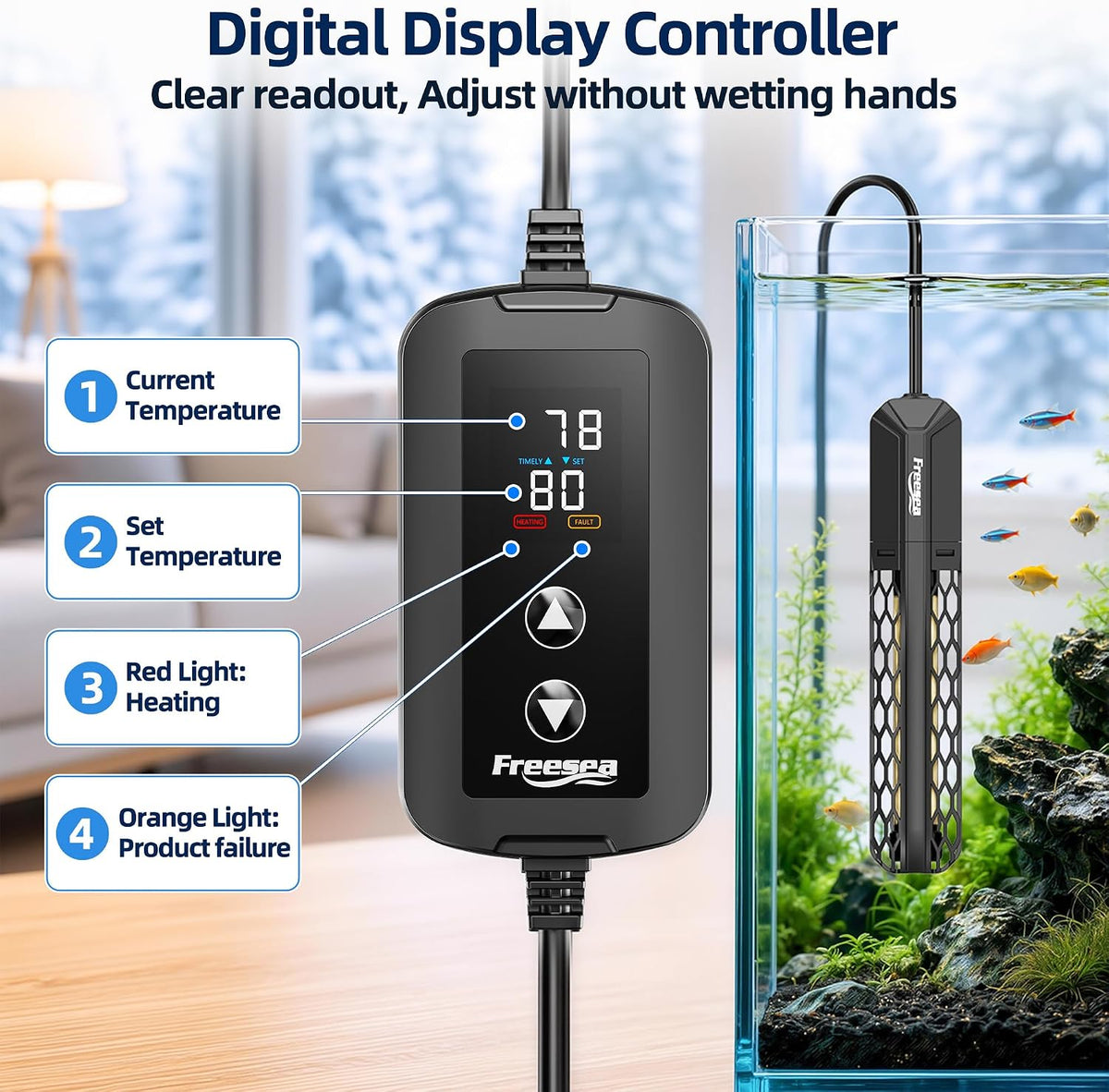 FREESEA Adjustable Aquarium Heater 20-50Gal: 200W 64-95°F Precise Control